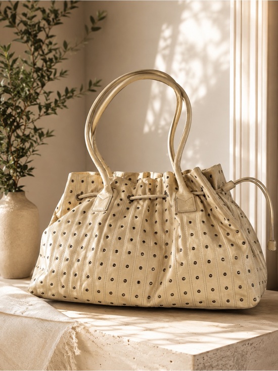 Berge Handbags - Berge Genuine Leather Studded Drawstring Shoulder Bag Beige Cream Made In Italy